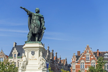 The statue of Jacob Van Artevelde at the Friday Market / Vrijdagmarkt in the city Ghent / Gent, East Flanders, Belgium