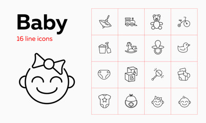 Baby line icon set. Diaper, teddy bear, crib. Child care concept. Can be used for topics like toys, nursery, children room