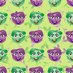 Cute seamless pattern with cartoon emoji cabbage