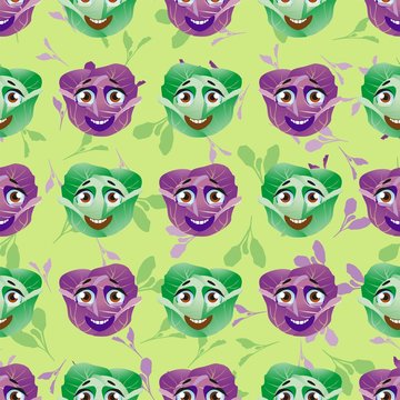 Cute seamless pattern with cartoon emoji cabbage