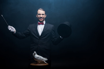 happy magician showing trick with dove, wand and hat in dark room with smoke
