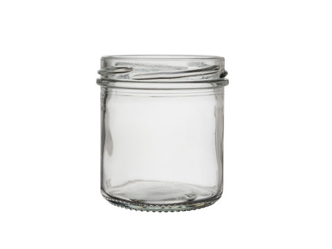 An Open, Empty Glass Jar Isolated On A White Background.