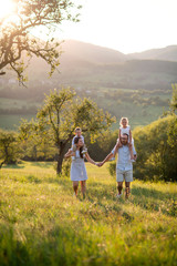 Family with two small children walking on meadow outdoors at sunset.
