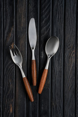 Stylish cutlery set of knife, spoon, fork with wooden handle