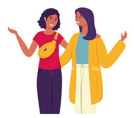 Fashionable Girlfriends have fun talking to each other. Vector isolates in cartoon flat style.
