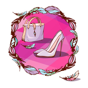 Vector fashionable composition with women's heeled shoes and a stylish handbag in a round frame of feathers on a pink background. Hand drawing. Fashion design, greeting card or label.