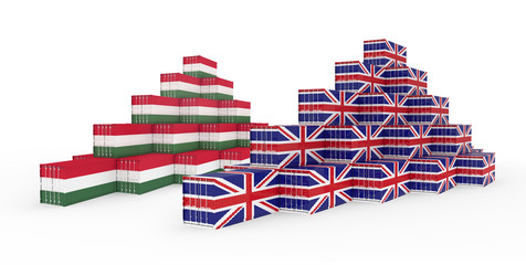 3D Illustration of Cargo Container with Hungary Flag on white background. Delivery, transportation, shipping freight transportation.