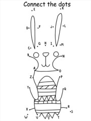 Cute and happy little hare with colored egg connect the dots puzzle for kids. Egg hunter funny animal educational game for learn english letters and numbers. Dot to dot printable game with bunny. 