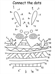 Funny small Easter rabbit and a half of colored egg coloring page. Educational dot to dot game with letters and numbers for kids. Happy cartoon rabbit count game. Connect English alphabet and numbers.