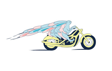 Big rabbit family on a motorbike hand drawn vector cartoon illustration. Cute bunnies travel with kids. Quick ride on a motorcycle. Postcard, kid’s book design element.