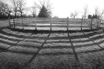 Open air round pen ready for a winter dressage training. Black and white colors