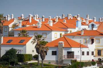 Tiled roofs of small town houses in Portugal