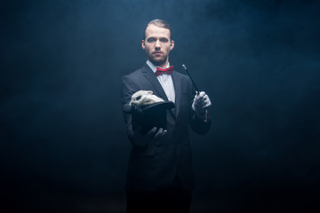 serious professional magician in suit showing trick with wand and white rabbit in hat, dark room...