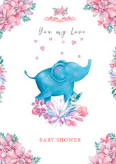 Cute Little Elephant Portrait in Flower Wreath Cute watercolor cartoon illustration isolated background. Nursery animal for baby shower, invite with flowers and floral