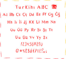 Turkish chalk, red big alphabets uppercase and law case , numbers, symbols isolated on white background . Concept for menu, logo, invitation 