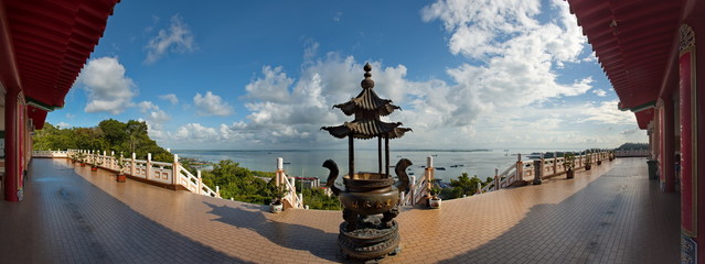 Sandakan. Malaysia. November 27, 2018. Architecture of the ti Tsang Pusa Buddhist temple with amazing views of the Pacific ocean.