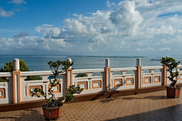 Sandakan. Malaysia. November 27, 2018. Architecture of the ti Tsang Pusa Buddhist temple with amazing views of the Pacific ocean.