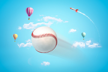 3d rendering of baseball ball with clouds and hot air balloons on blue sky background