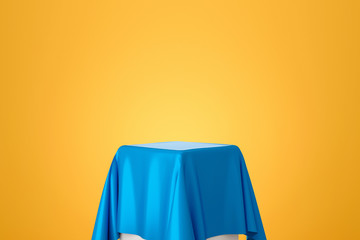 Blue fabric on podium shelf or empty studio display on yellow gradient background with art style....