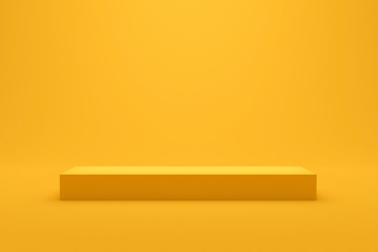 Yellow podium shelf or empty studio display on vivid summer background with minimal style. Blank stand for showing product. 3D rendering. © Lemonsoup14
