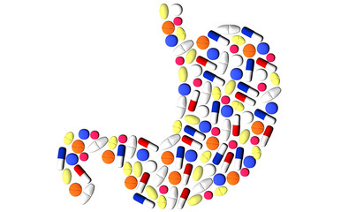 Tablets laid out in the form of a stomach on a white background. Drug treatment. The diagnosis of the doctor. 3D rendering