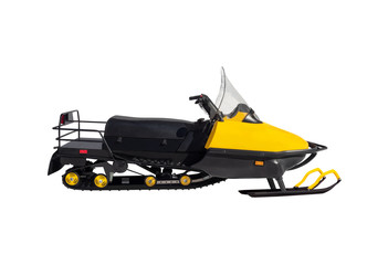 Side view of yellow snowmobile isolated on white background
