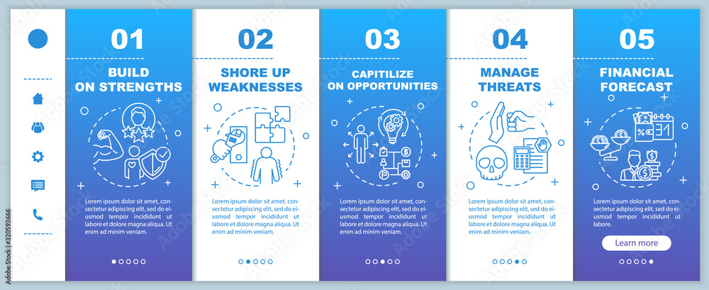 Poster self-building onboarding vector template. swot strategy. financial forecast. capitalize on opportuni