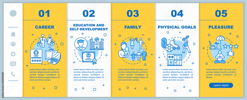 Poster self-development onboarding vector template. physical goals. academic education. family planning. re