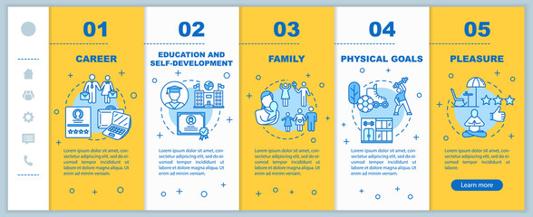 Self-development onboarding vector template. Physical goals. Academic education. Family planning. Responsive mobile website with icons. Webpage walkthrough step screens. RGB color concept