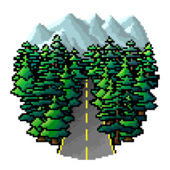 Pixel art forest and mountain landscape vector illustration. Pixel road through pine tree forest.