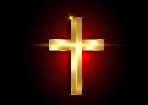 Christianity Symbol. Golden cross, icon of the Christian faith isolated on a black background