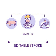 Swine flu concept icon. Epidemic in pigs. Disease transfer to humans. Vomit from illness. Influenza virus idea thin line illustration. Vector isolated outline RGB color drawing. Editable stroke