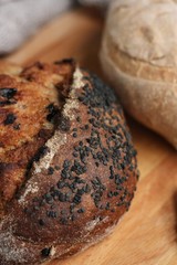 Fresh homemade bread on the table macro