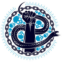 Hand squeezes a snake, fight against evil, control your dark side, internal conflict, archetype shadow, life is a fight concept, vintage vector logo or tattoo.