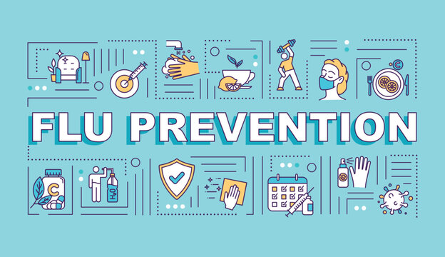 Flu prevention word concepts banner. Immunization with vitamin. Vaccination shot. Infographics with linear icons on turquoise background. Isolated typography. Vector outline RGB color illustration