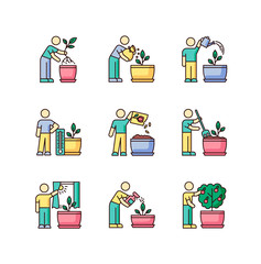 Indoor gardening stages RGB color icons set. Houseplant caring. Planting process. Plant cultivation. Repotting, watering. Fertilizing, spraying. Propagating flowers. Isolated vector illustrations