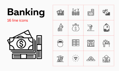 Banking line icon set. Purse, currency, credit card, gold bars. Finance concept. Can be used for topics like saving, deposit, investment