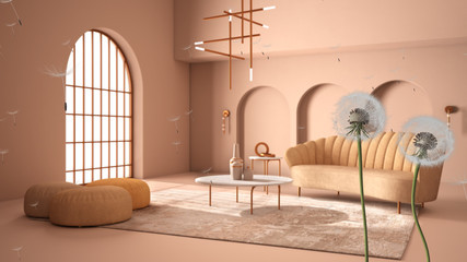 Fluffy airy dandelion with blowing seeds spores over pastel colored living room with sofa and carpet, archways. Interior design idea. Change, growth, movement and freedom concept