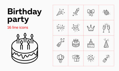 Birthday party line icon set. Decoration, cake with candles, champagne. Celebration concept. Can be used for topics like wedding, surprise, holiday, anniversary