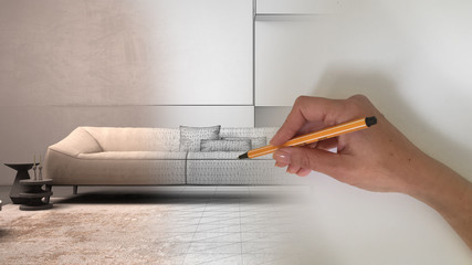 Architect interior designer concept: hand drawing a design interior project while the space becomes real, grunge living room with sofa and pillows, lounge, carpet, coffee table © ArchiVIZ