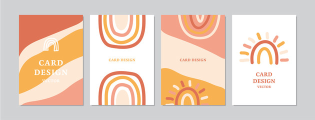 Abstract cards set with hand drawn rainbows. Doodles and sketches vector retro illustrations, DIN A6