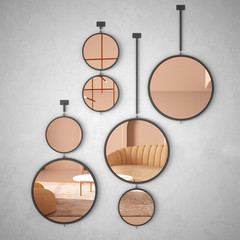 Round mirrors hanging on the wall reflecting interior design scene, classic pastel colored living room with sofa, carpet and poufs, modern architecture concept idea