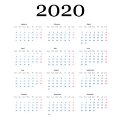 Vector calendar for 2020 year.2020 calendar template.