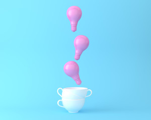 Creative idea light bulb pink floating with cup on pastel blue background. minimal business ideas concept.