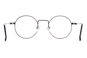 The back view of a black metal round medical eye glasses isolated on a white background