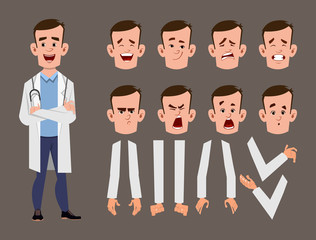 young doctor cartoon character set for your animation, design or motion with different facial emotions and hands