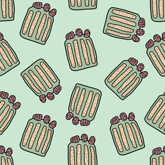 Pattern with cake. Slice of cake with cream and berries