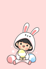Cute girl in bunny suit carry easter egg on pink background,