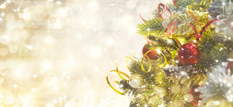 Merry Christmas and Happy New Year, Holidays greeting card with blurred bokeh background