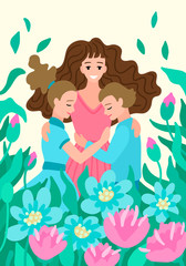 Mother hugs daughter and son. Flowers around. Spring Vector illustration